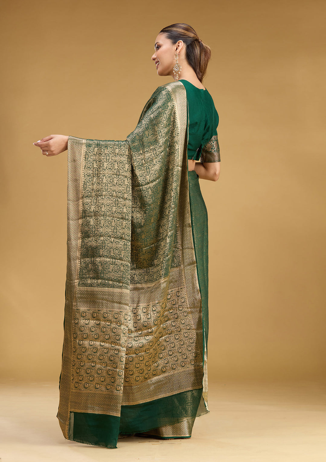 Bottle Green Georgette Jaal Gold Zariwork Saree With Matching Blouse Piece