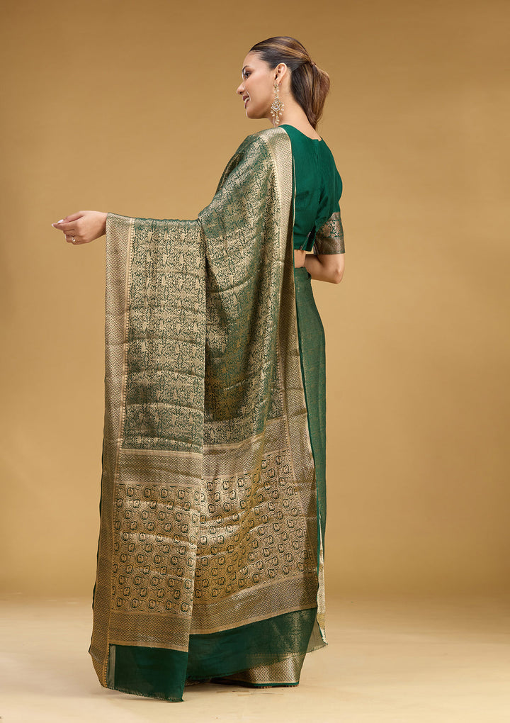 Bottle Green Georgette Jaal Gold Zariwork Saree With Matching Blouse Piece