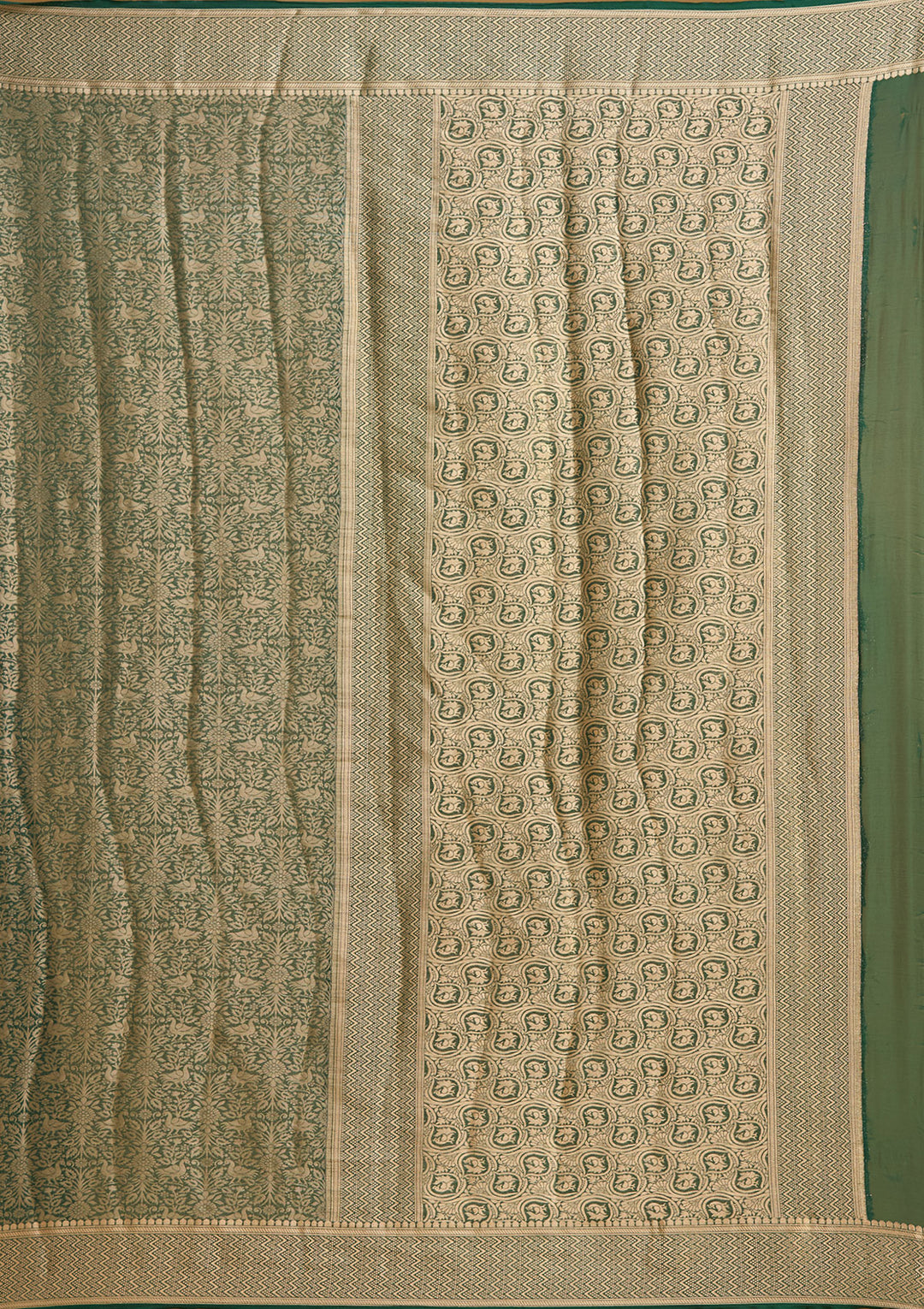 Bottle Green Georgette Jaal Gold Zariwork Saree With Matching Blouse Piece