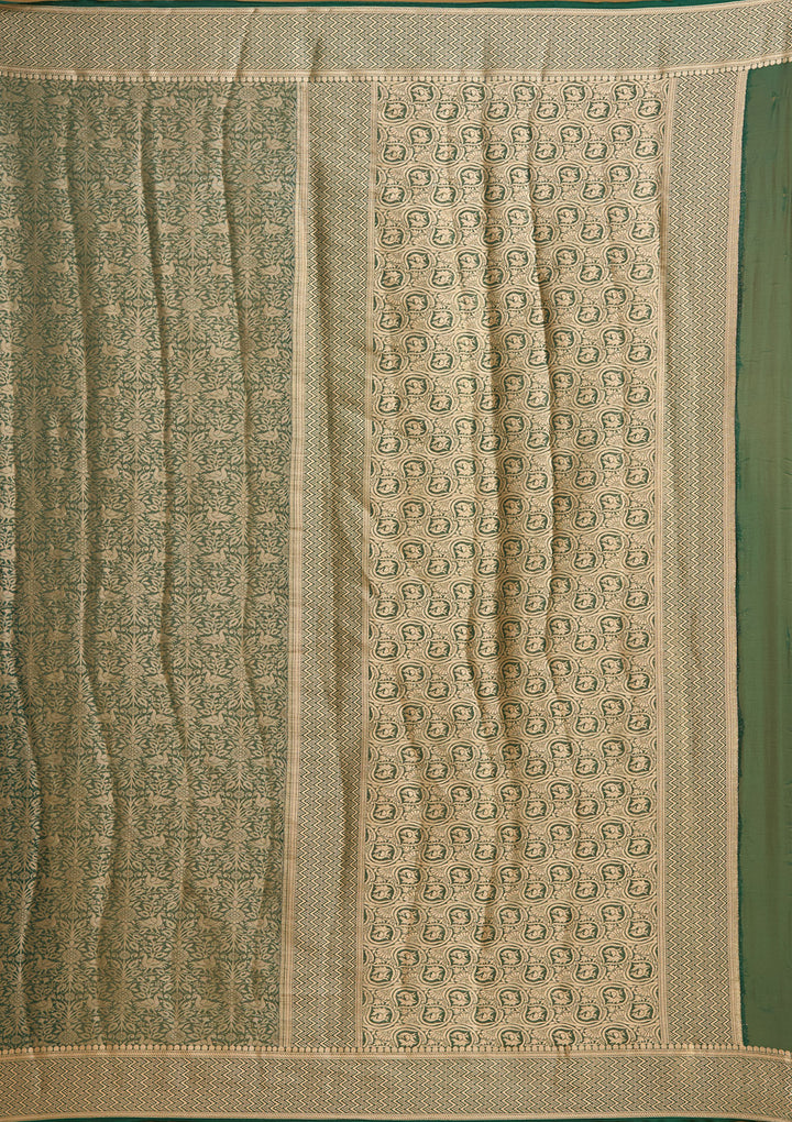 Bottle Green Georgette Jaal Gold Zariwork Saree With Matching Blouse Piece