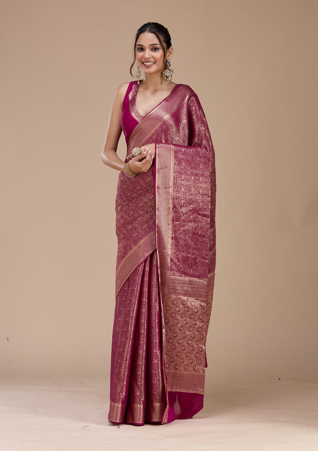Magenta Pink Georgette Jaal Gold Zariwork Saree With Matching Blouse Piece