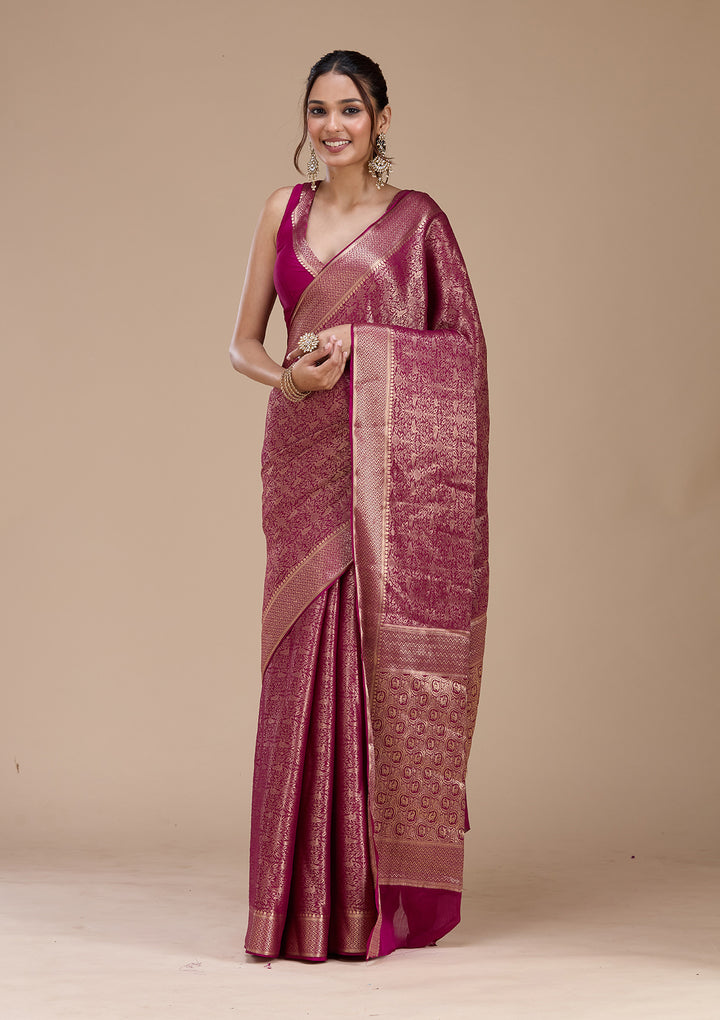 Magenta Pink Georgette Jaal Gold Zariwork Saree With Matching Blouse Piece
