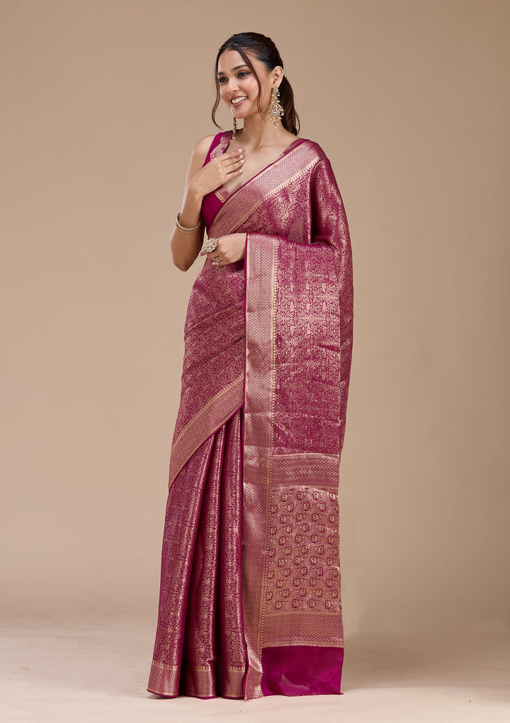Magenta Pink Georgette Jaal Gold Zariwork Saree With Matching Blouse Piece