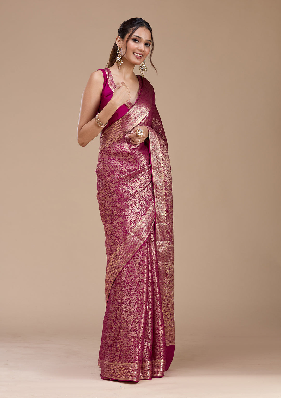 Magenta Pink Georgette Jaal Gold Zariwork Saree With Matching Blouse Piece