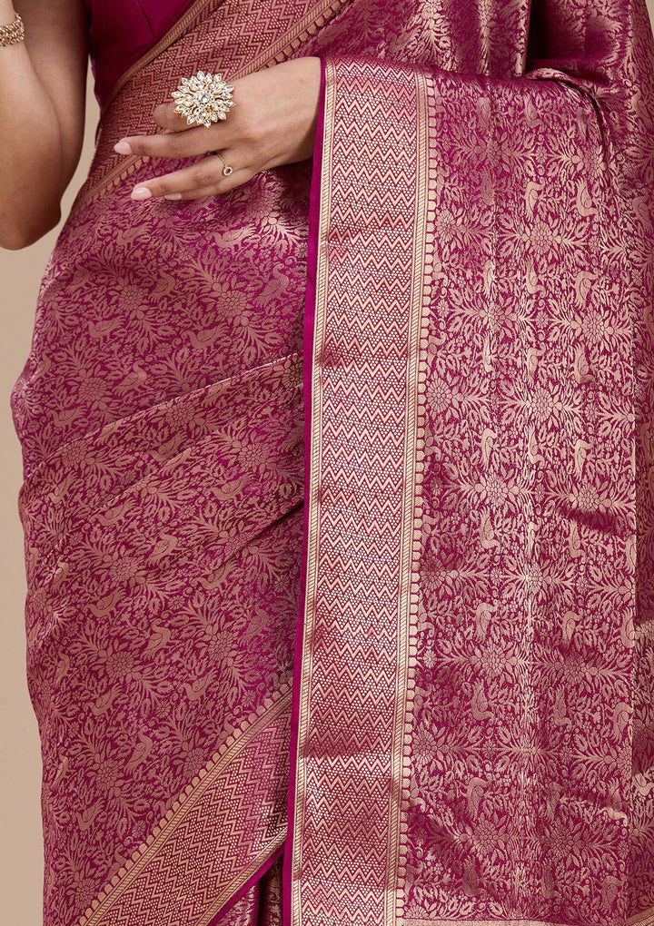 Magenta Pink Georgette Jaal Gold Zariwork Saree With Matching Blouse Piece