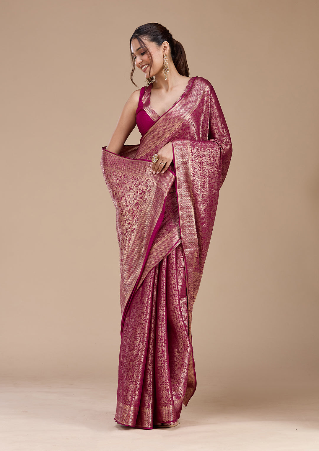 Magenta Pink Georgette Jaal Gold Zariwork Saree With Matching Blouse Piece