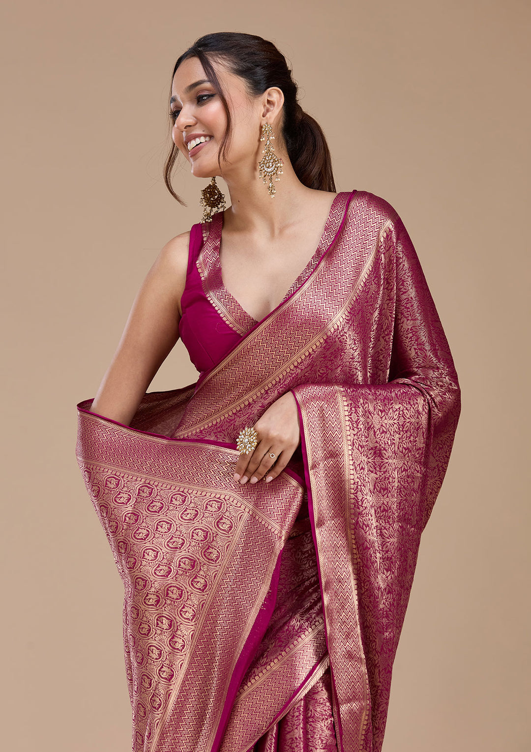 Magenta Pink Georgette Jaal Gold Zariwork Saree With Matching Blouse Piece
