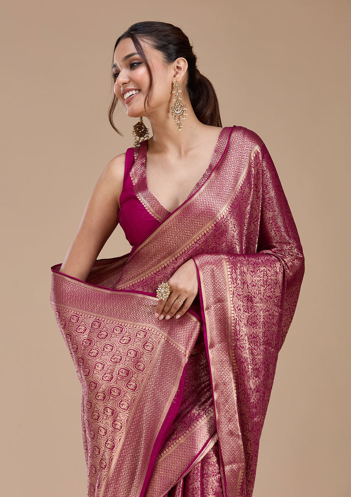 Magenta Pink Georgette Jaal Gold Zariwork Saree With Matching Blouse Piece