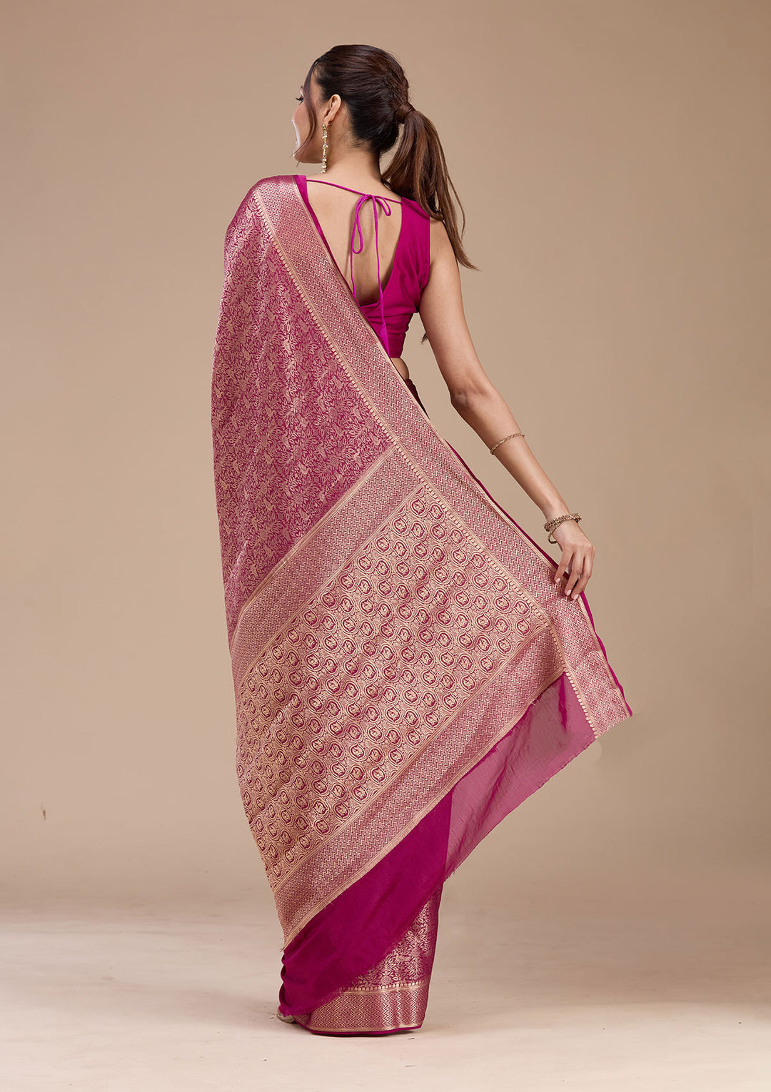 Magenta Pink Georgette Jaal Gold Zariwork Saree With Matching Blouse Piece