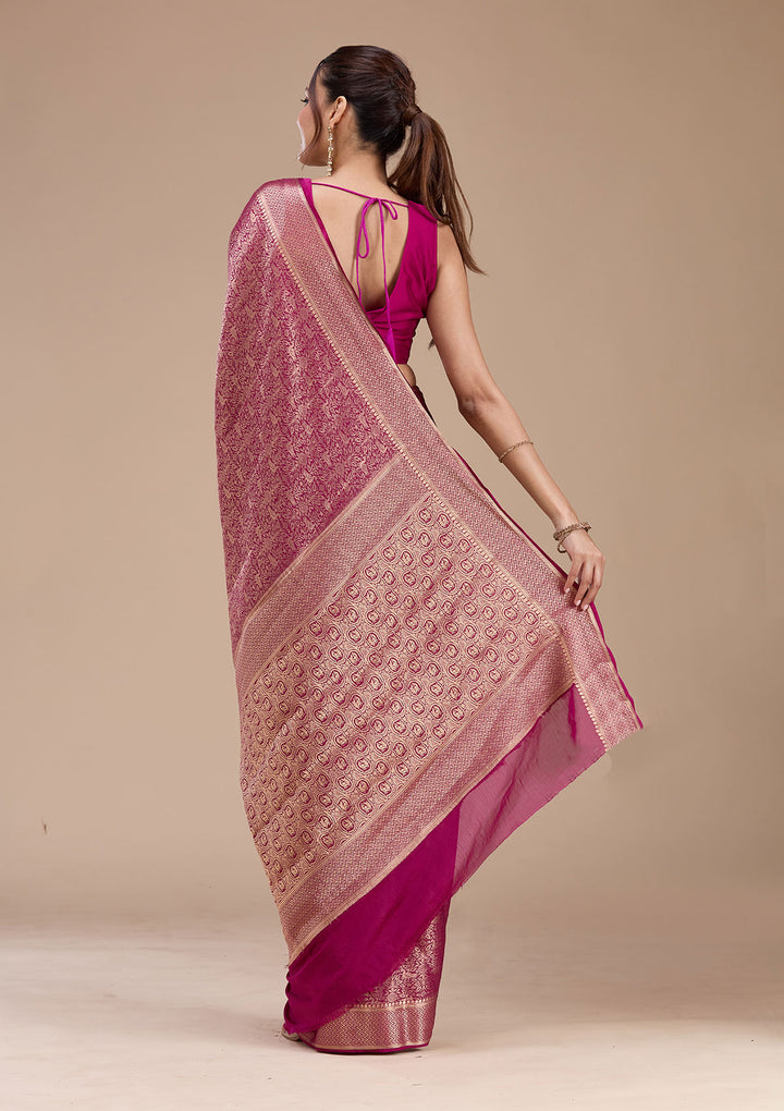 Magenta Pink Georgette Jaal Gold Zariwork Saree With Matching Blouse Piece