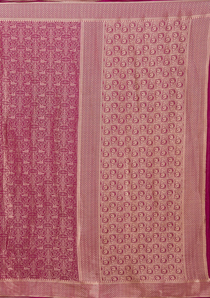 Magenta Pink Georgette Jaal Gold Zariwork Saree With Matching Blouse Piece