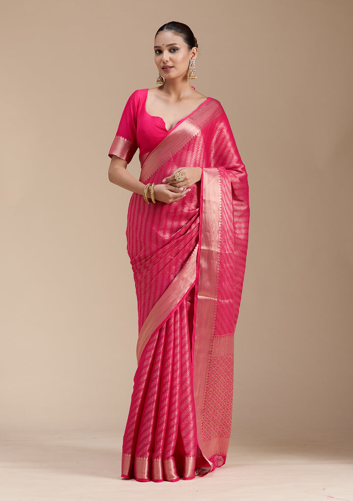 Rani Pink Georgette Banarasi Gold Zariwork Saree With Matching Blouse Piece