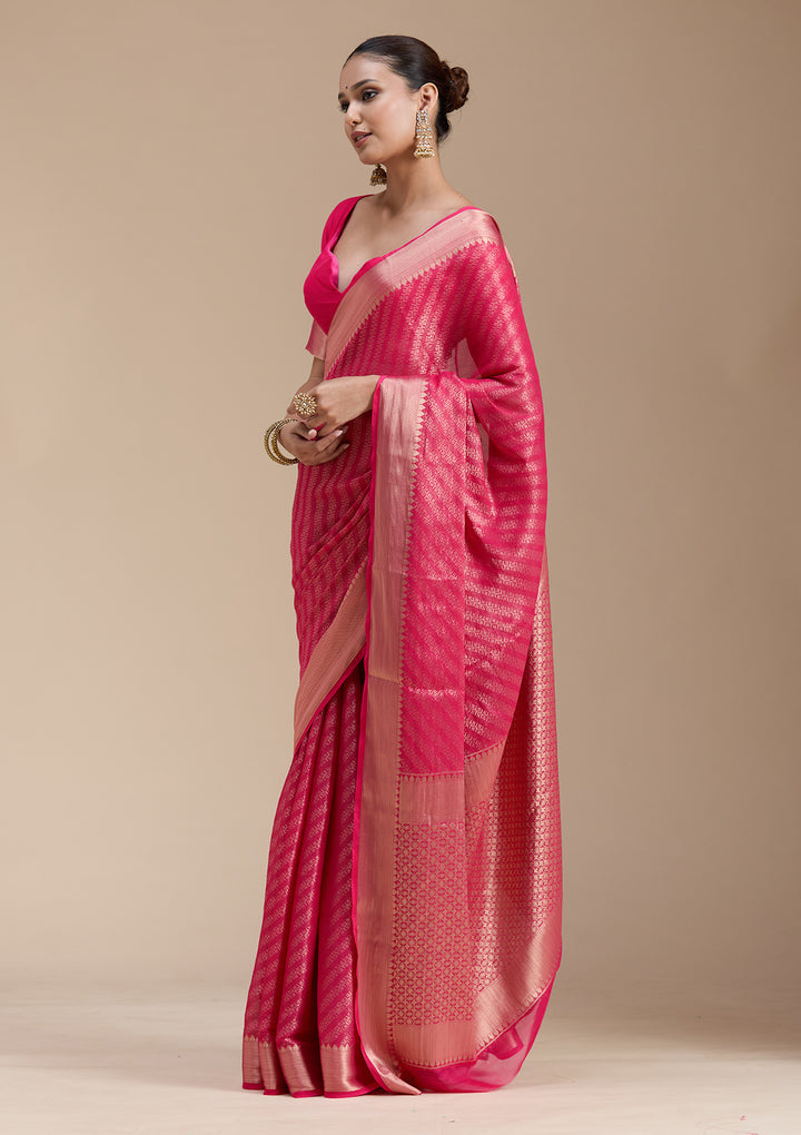 Rani Pink Georgette Banarasi Gold Zariwork Saree With Matching Blouse Piece