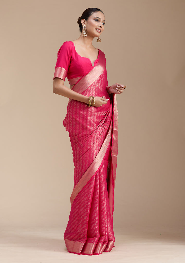 Rani Pink Georgette Banarasi Gold Zariwork Saree With Matching Blouse Piece
