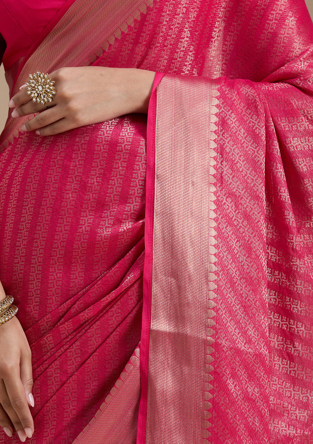Rani Pink Georgette Banarasi Gold Zariwork Saree With Matching Blouse Piece