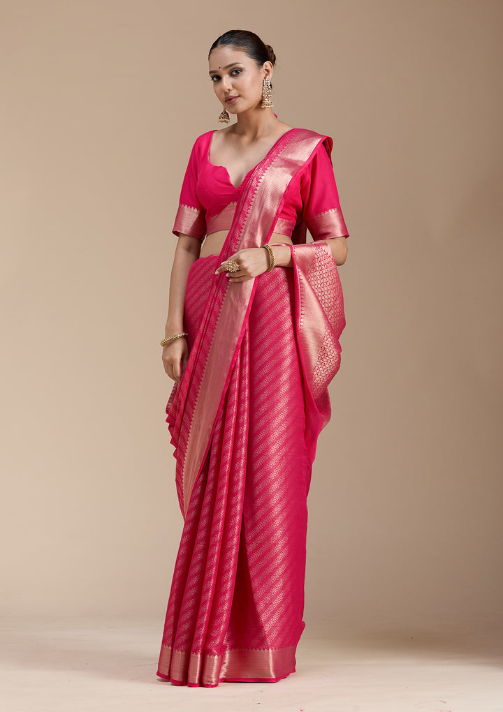 Rani Pink Georgette Banarasi Gold Zariwork Saree With Matching Blouse Piece