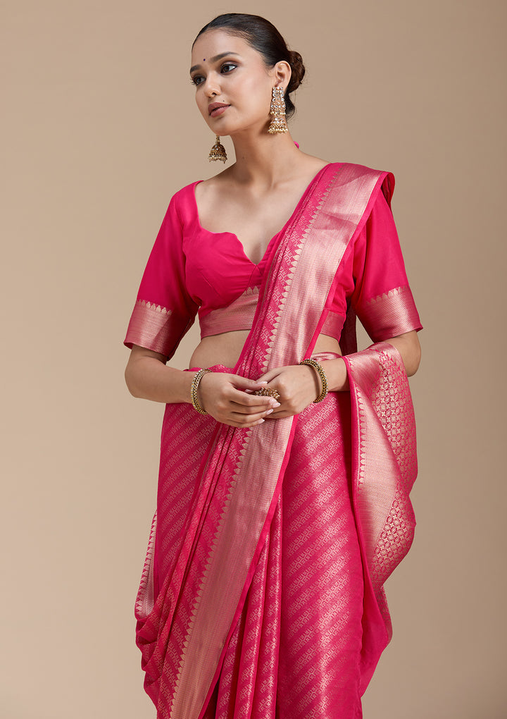 Rani Pink Georgette Banarasi Gold Zariwork Saree With Matching Blouse Piece