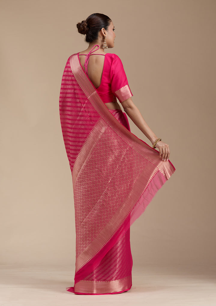 Rani Pink Georgette Banarasi Gold Zariwork Saree With Matching Blouse Piece