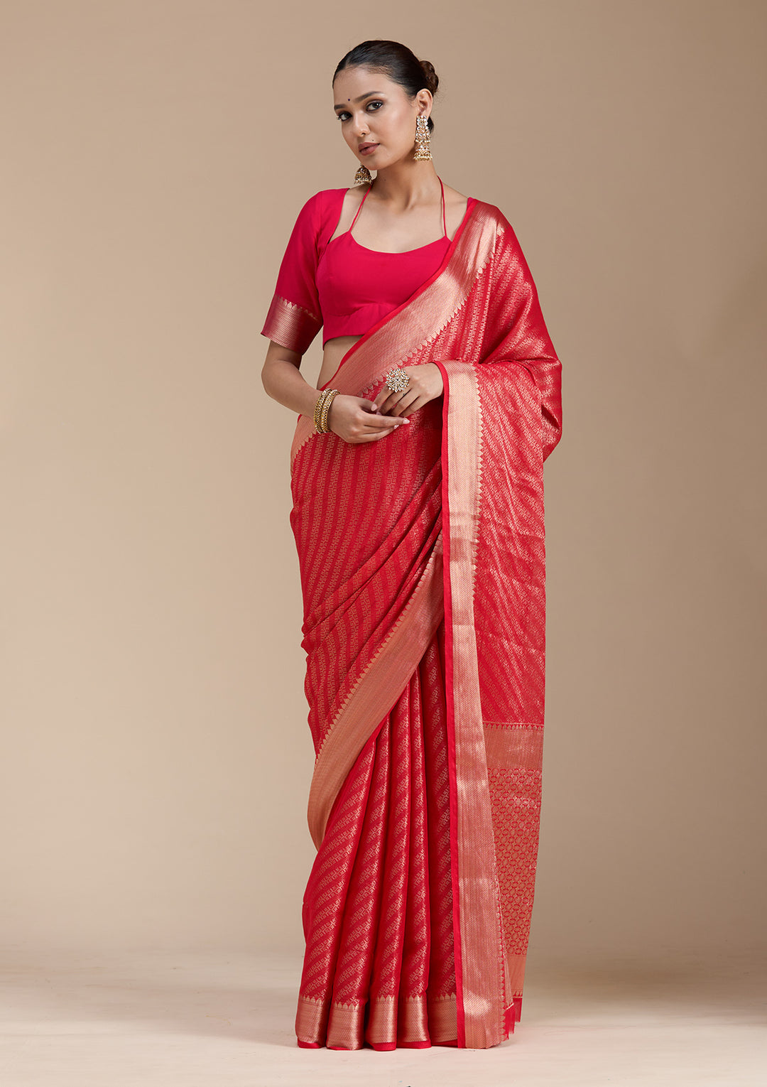 Red Georgette Banarasi Gold Zariwork Saree With Matching Blouse Piece