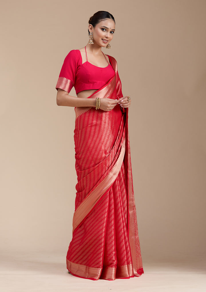Red Georgette Banarasi Gold Zariwork Saree With Matching Blouse Piece
