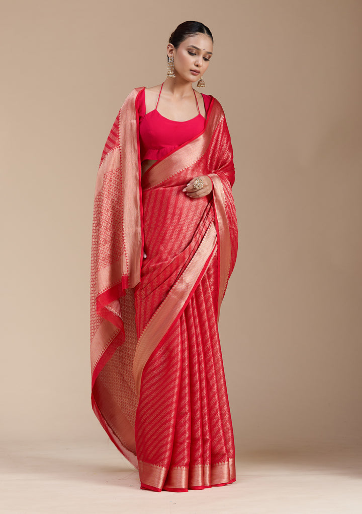 Red Georgette Banarasi Gold Zariwork Saree With Matching Blouse Piece