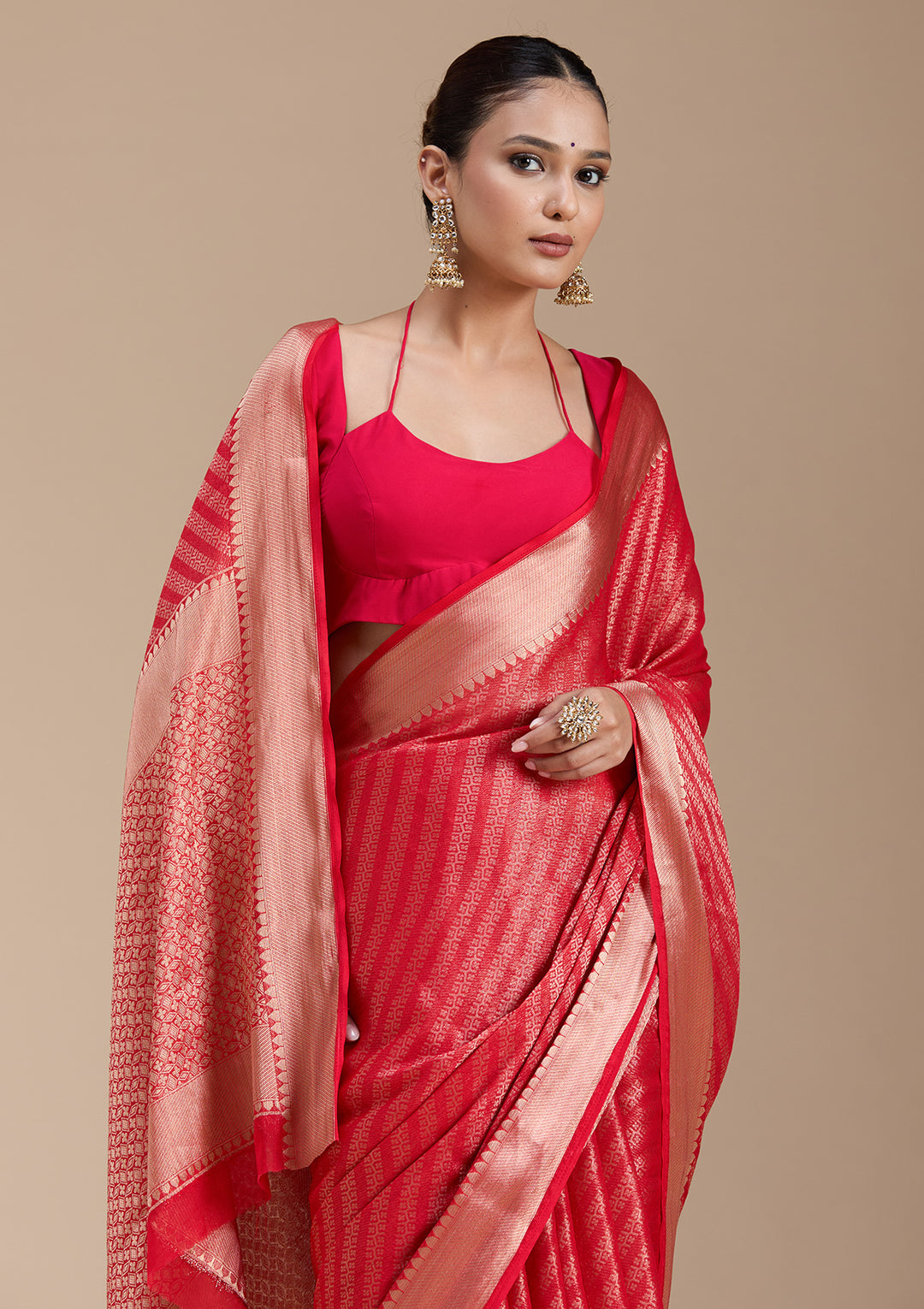 Red Georgette Banarasi Gold Zariwork Saree With Matching Blouse Piece
