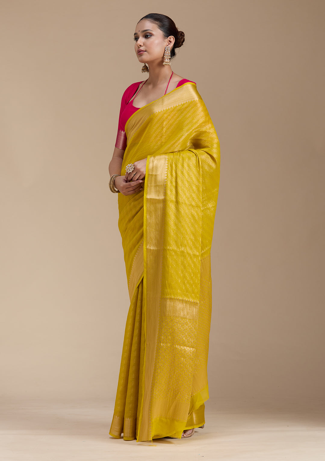 Yellow Georgette Banarasi Gold Zariwork Saree With Matching Blouse Piece