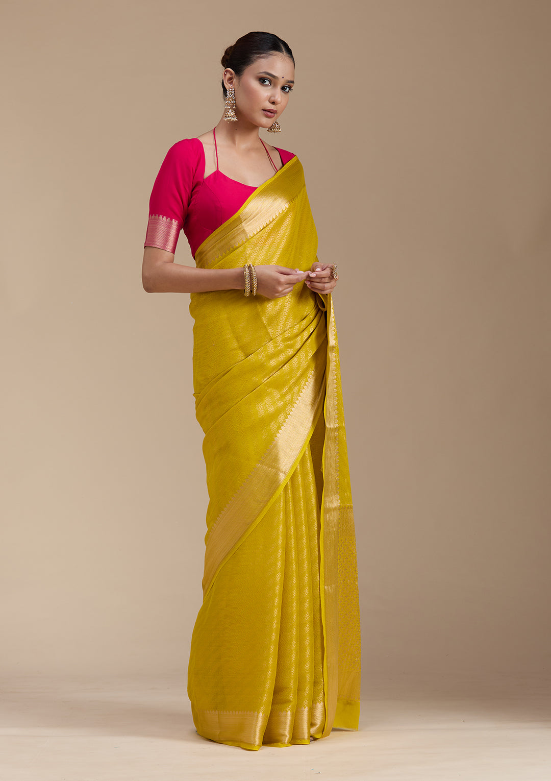 Yellow Georgette Banarasi Gold Zariwork Saree With Matching Blouse Piece
