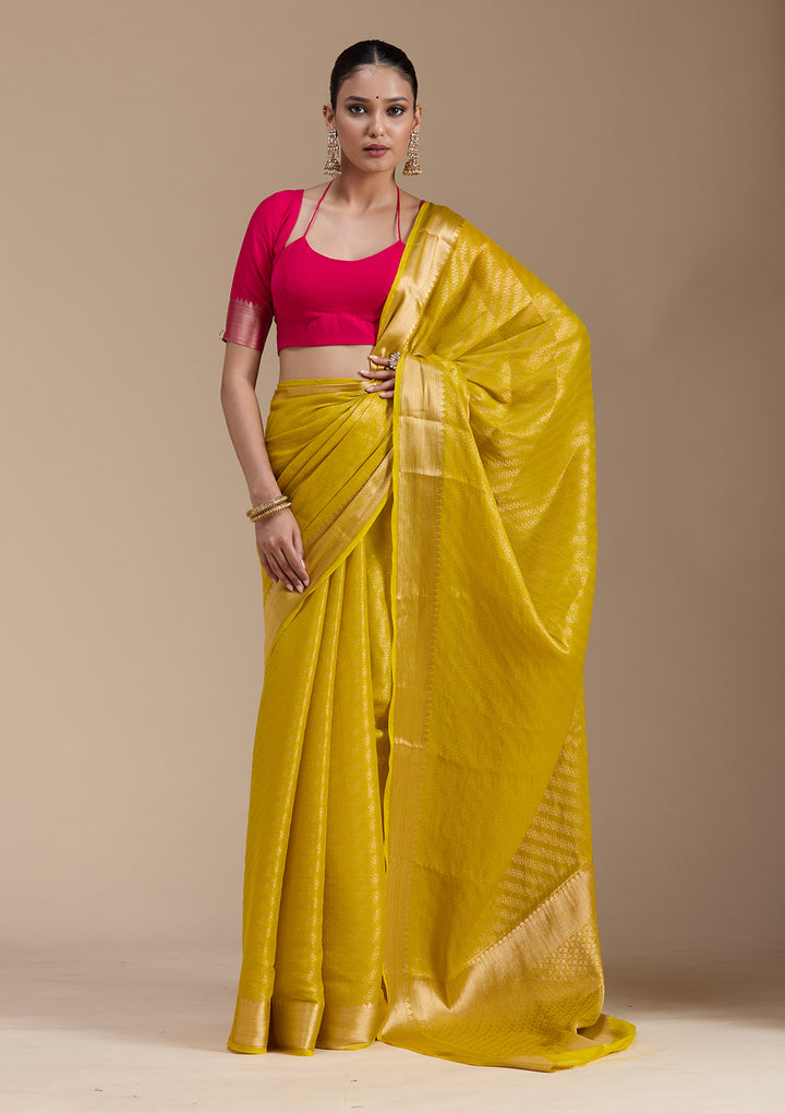 Yellow Georgette Banarasi Gold Zariwork Saree With Matching Blouse Piece