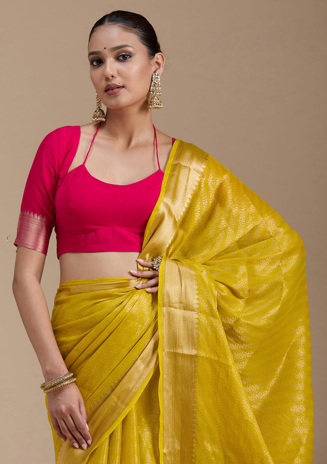 Yellow Georgette Banarasi Gold Zariwork Saree With Matching Blouse Piece