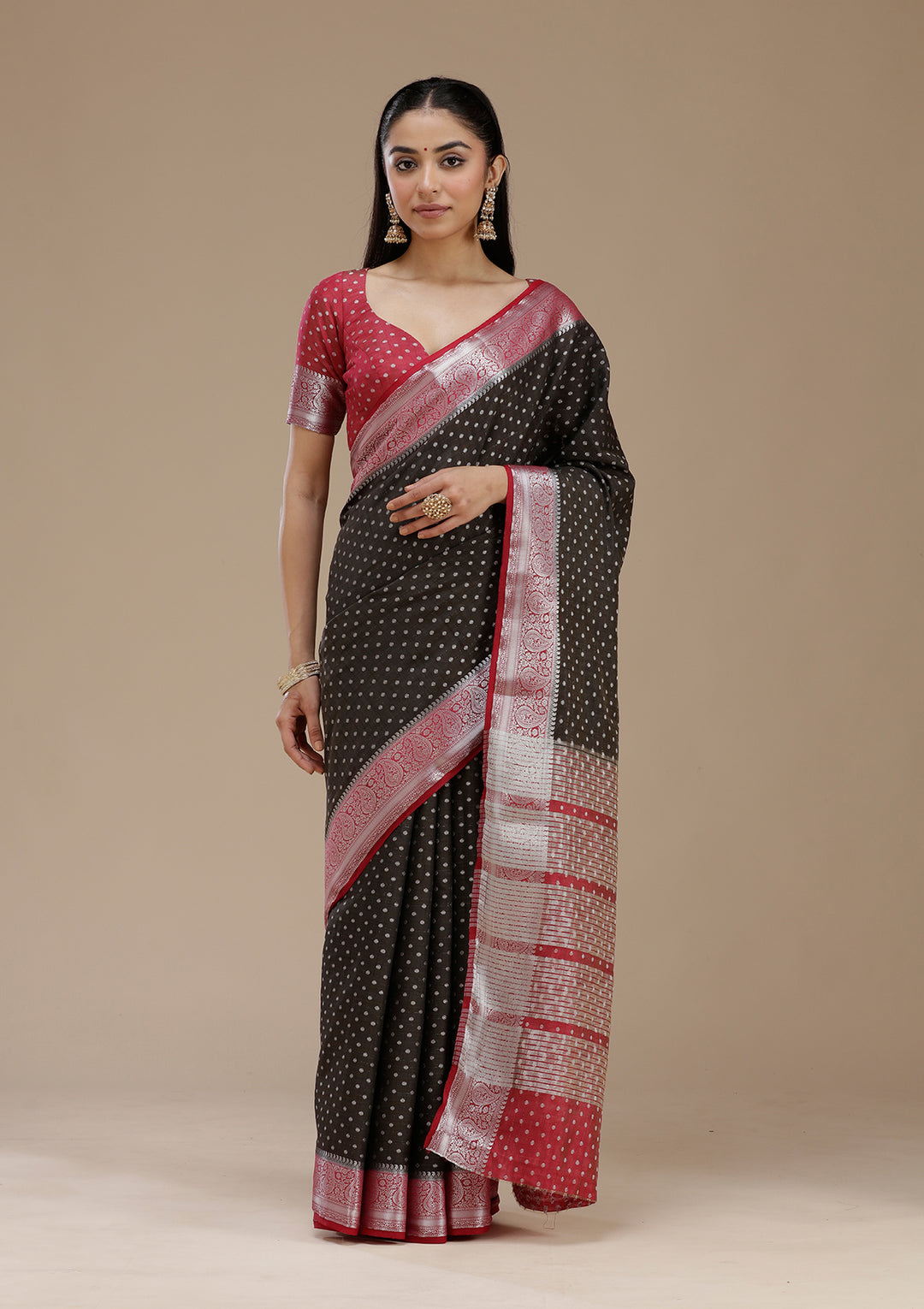 Black Silk Buti Gold Zariwork Saree With Matching Blouse Piece