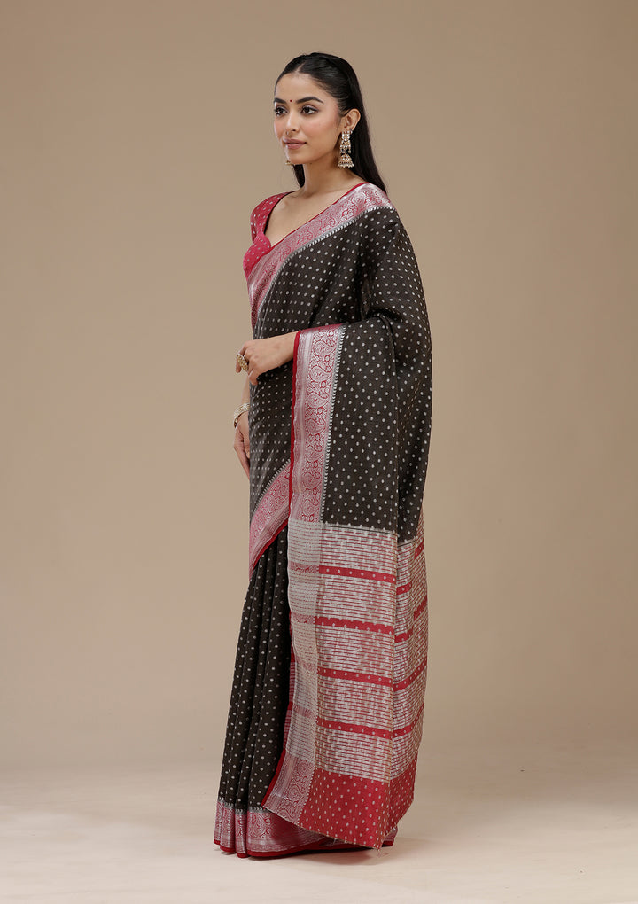 Black Silk Buti Gold Zariwork Saree With Matching Blouse Piece