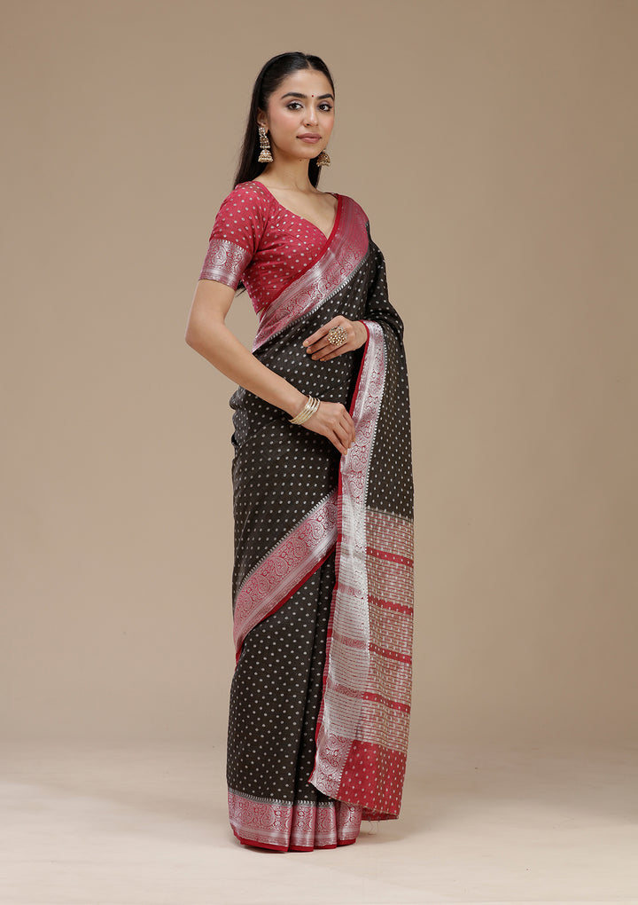 Black Silk Buti Gold Zariwork Saree With Matching Blouse Piece