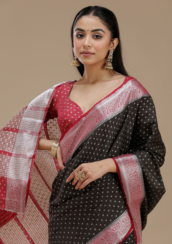 Black Silk Buti Gold Zariwork Saree With Matching Blouse Piece