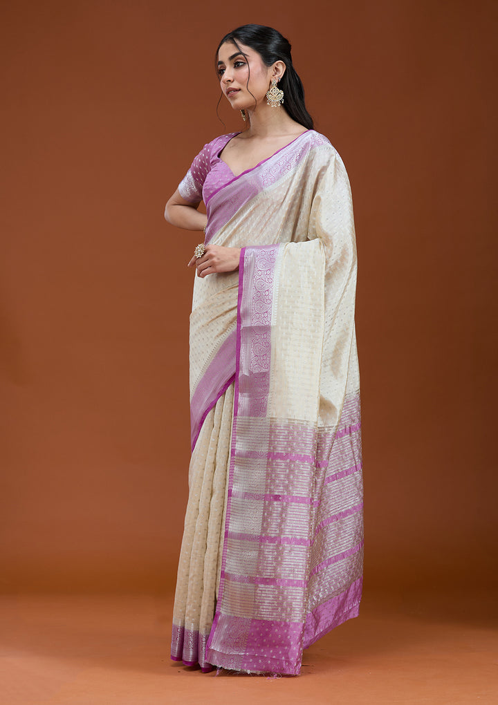 Off White Silk Buti Gold Zariwork Saree With Matching Blouse Piece