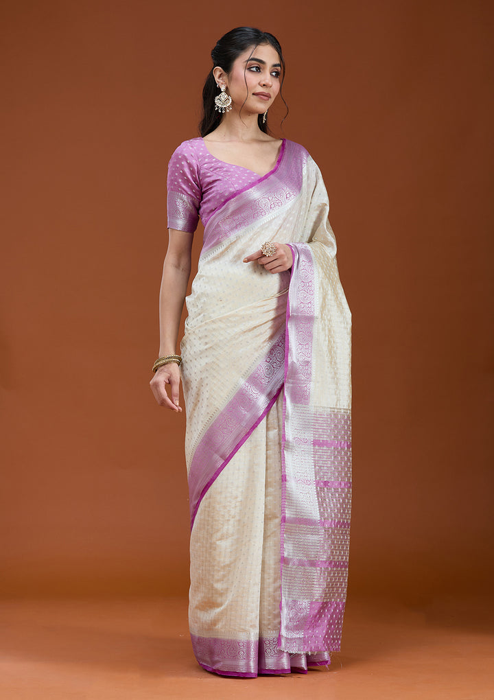 Off White Silk Buti Gold Zariwork Saree With Matching Blouse Piece