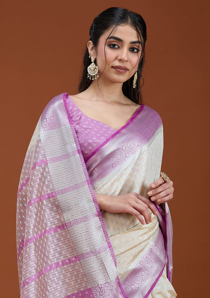 Off White Silk Buti Gold Zariwork Saree With Matching Blouse Piece