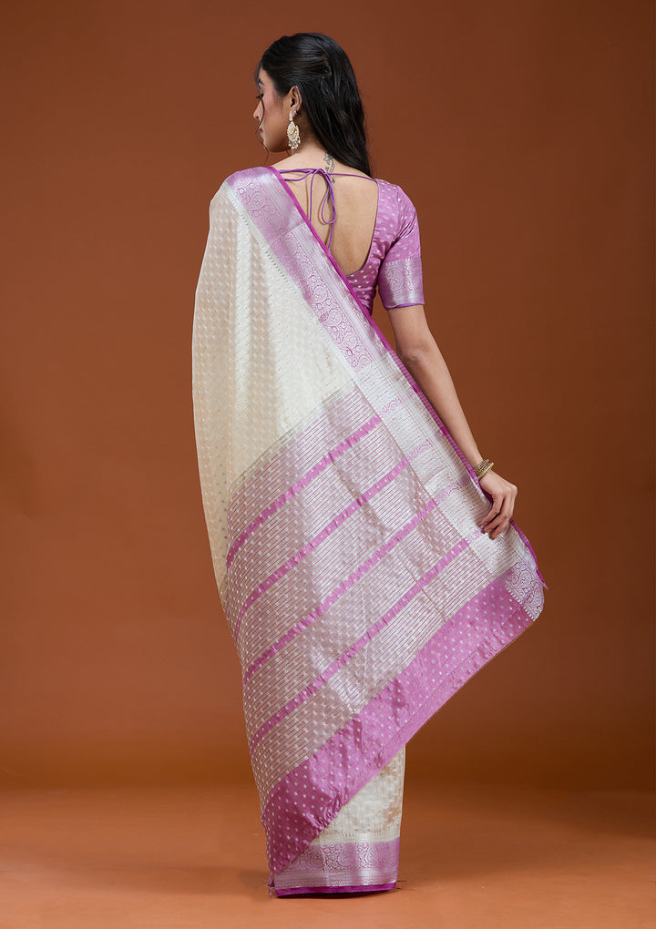 Off White Silk Buti Gold Zariwork Saree With Matching Blouse Piece