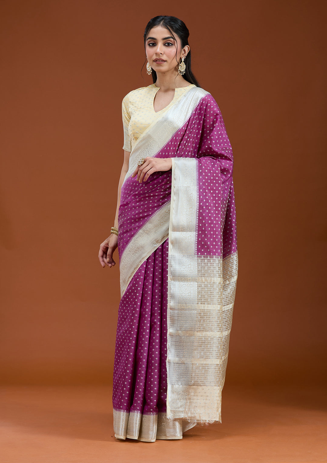 Wine Silk Buti Gold Zariwork Saree With Matching Blouse Piece