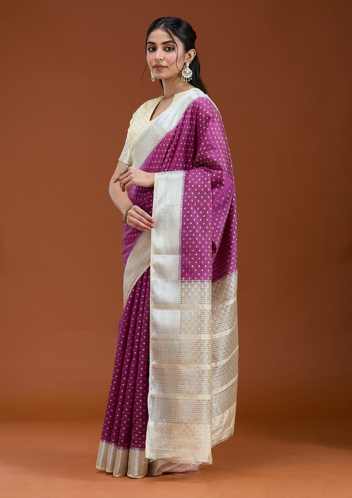 Wine Silk Buti Gold Zariwork Saree With Matching Blouse Piece