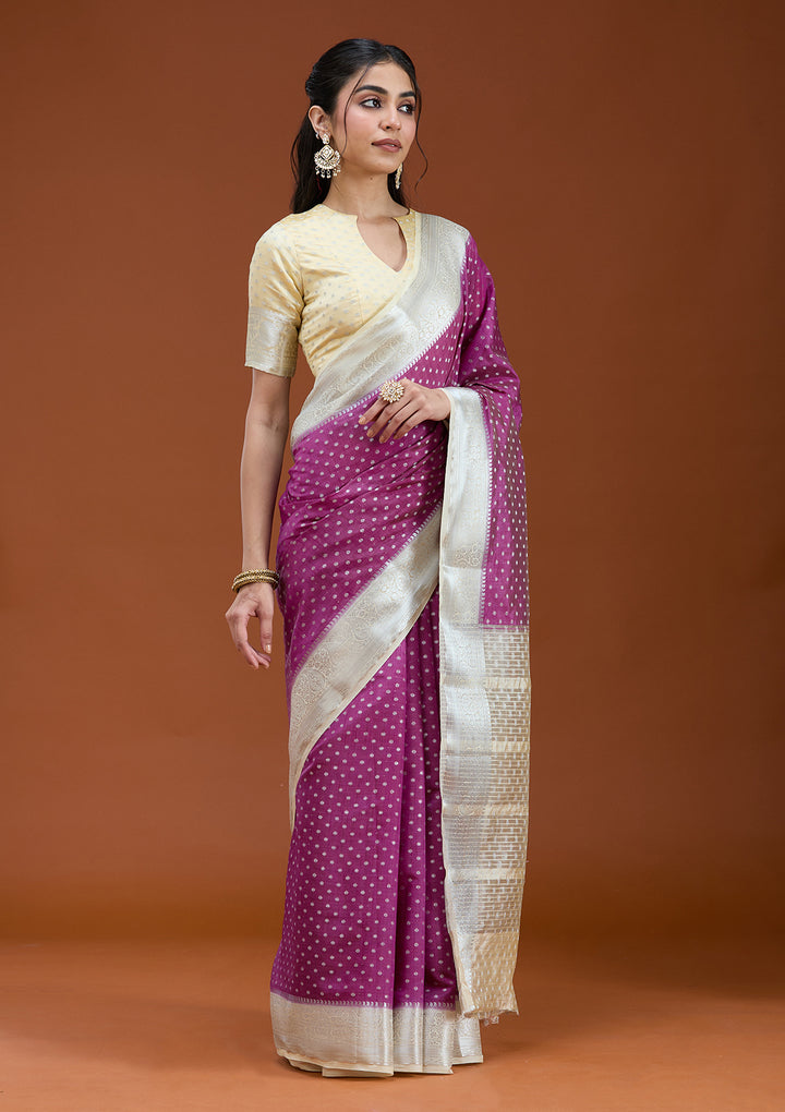 Wine Silk Buti Gold Zariwork Saree With Matching Blouse Piece