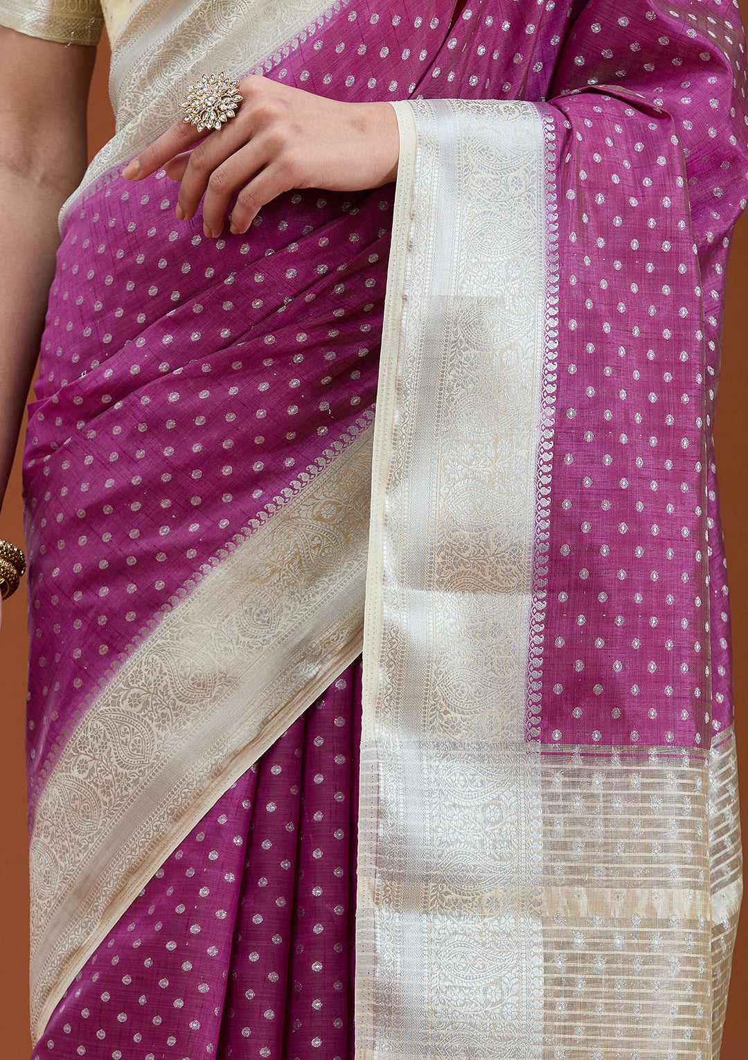 Wine Silk Buti Gold Zariwork Saree With Matching Blouse Piece