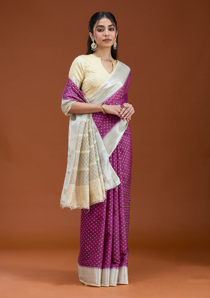 Wine Silk Buti Gold Zariwork Saree With Matching Blouse Piece