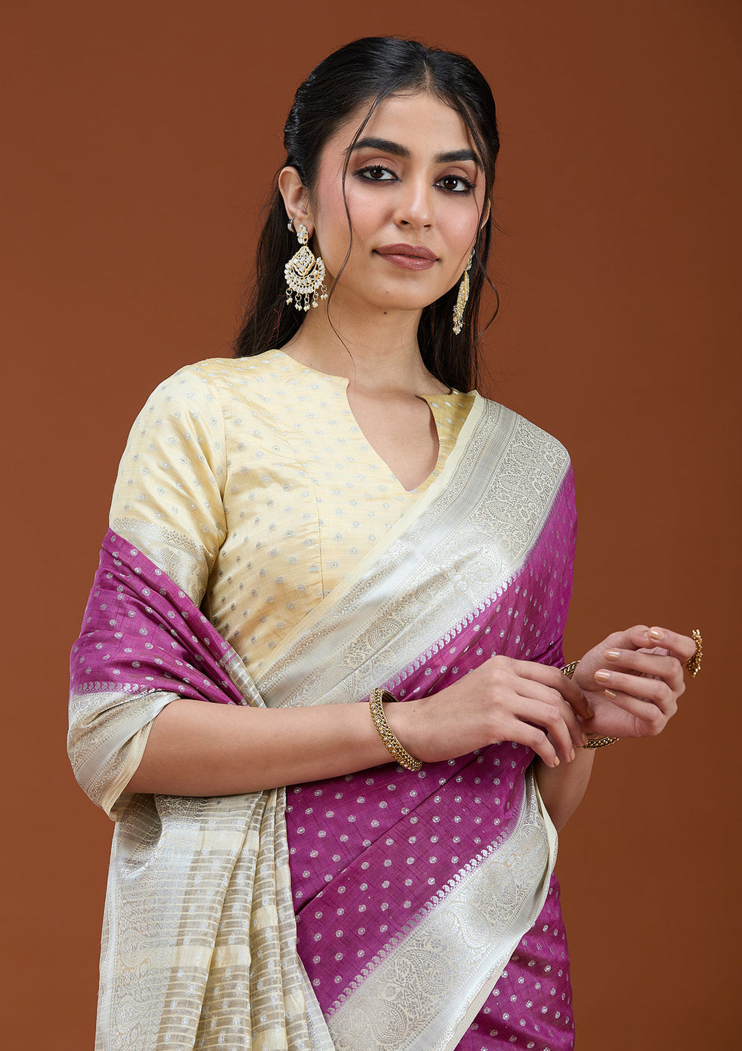 Wine Silk Buti Gold Zariwork Saree With Matching Blouse Piece