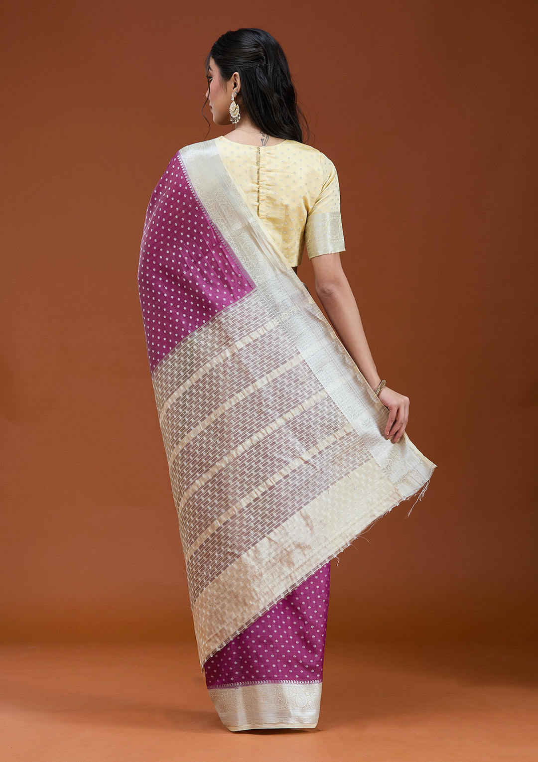 Wine Silk Buti Gold Zariwork Saree With Matching Blouse Piece