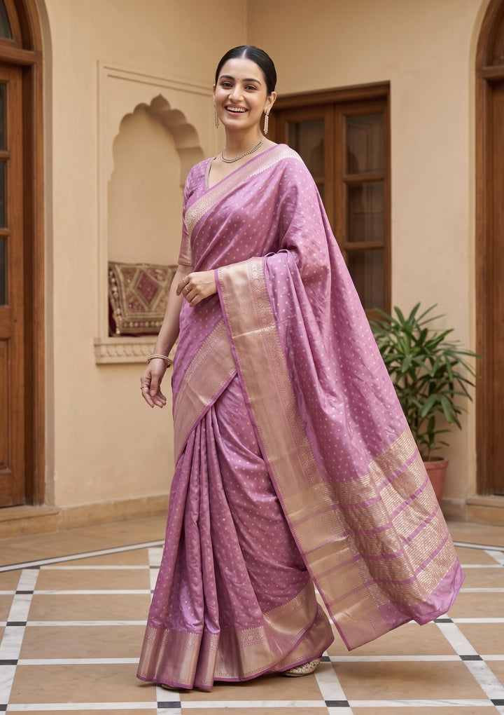 Onion Pink Tussar Buti Gold Zariwork Saree With Matching Blouse Piece