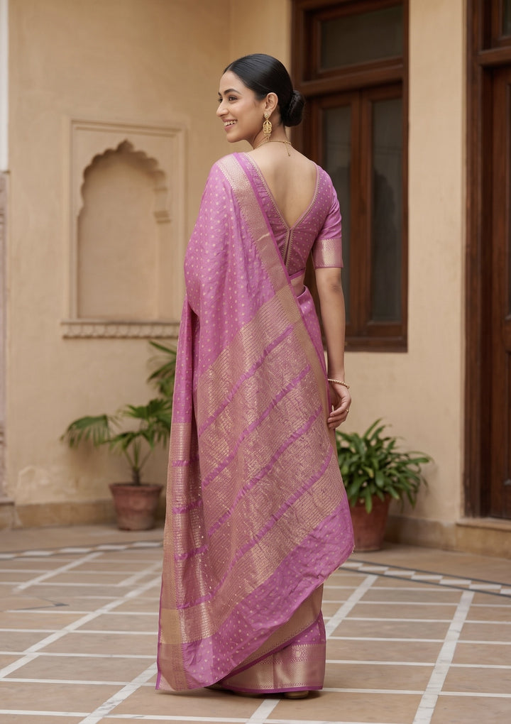 Onion Pink Tussar Buti Gold Zariwork Saree With Matching Blouse Piece