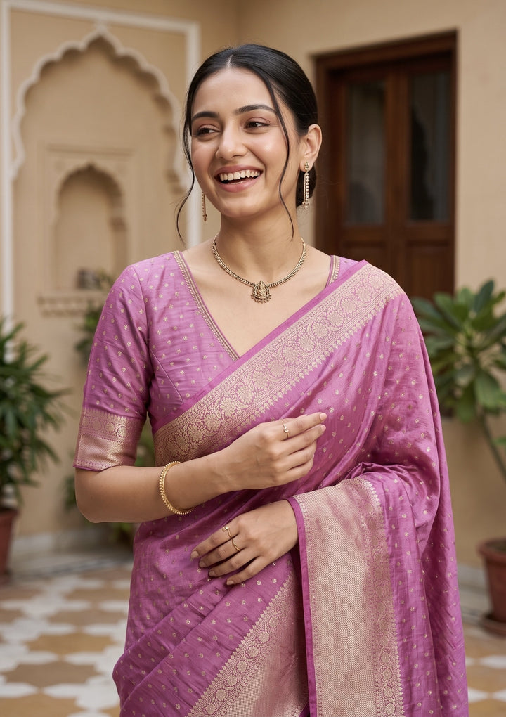 Onion Pink Tussar Buti Gold Zariwork Saree With Matching Blouse Piece
