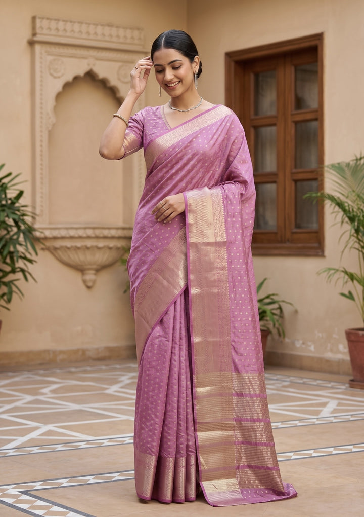 Onion Pink Tussar Buti Gold Zariwork Saree With Matching Blouse Piece