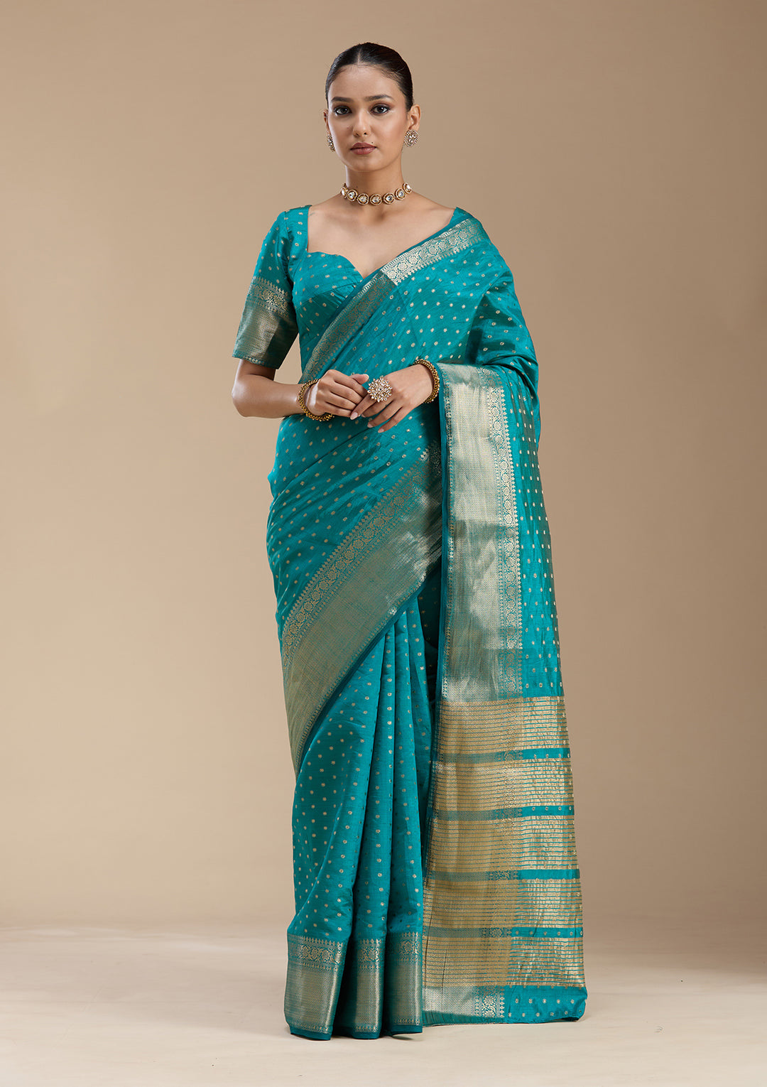 Turquoise Blue Tussar Buti Gold Zariwork Saree With Matching Blouse Piece